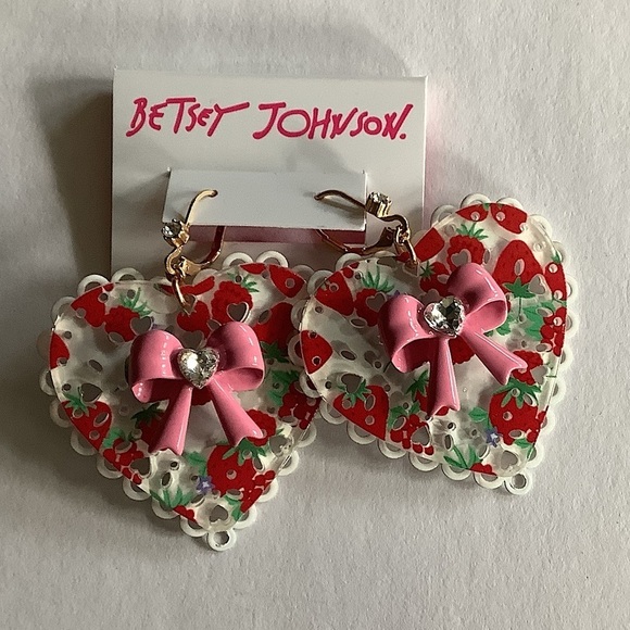 Betsey Johnson Jewelry - Betsey Johnson Heart Lace Strawberry Bow Earrings New
